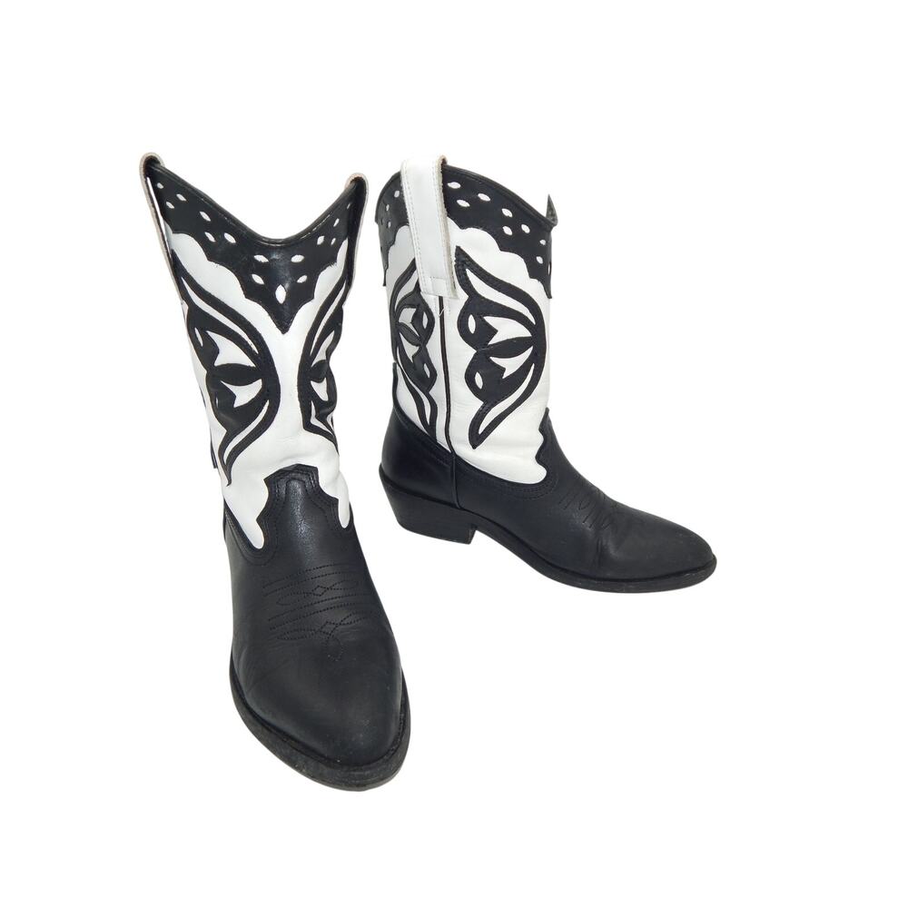 Steve Madden Cowboy Boots Size 8 Laredo Black Leather White Butterfly